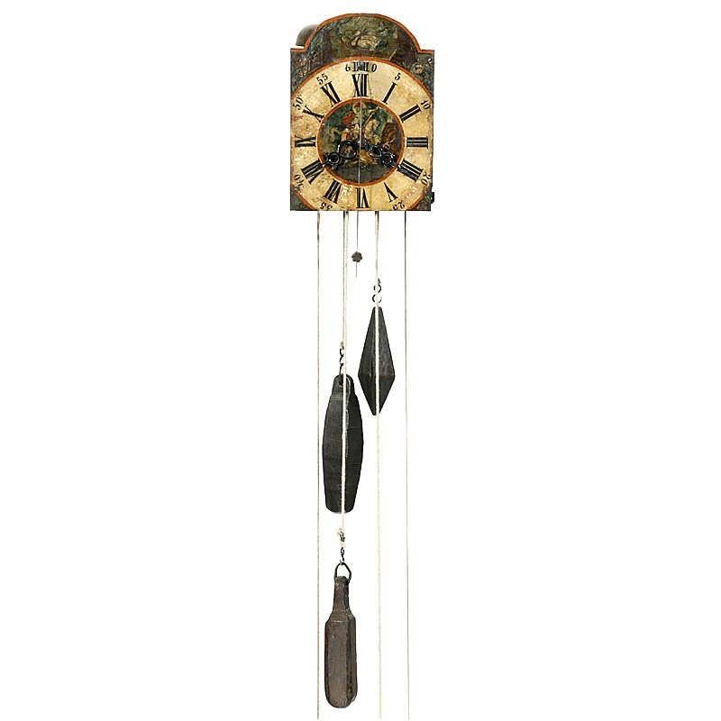 Iron Chamber Clock with Front Pendulum, c. 1760: Iron Chamber Clock with Front Pendulum, c. 1760 Southern Germany, iron clock with brass wheels, verge escapement, quarter-hour strike on 2 bells, painted iron dial (reduced), hands replaced, complete 
