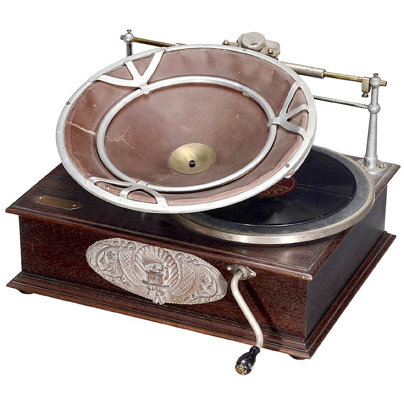 "Pathé Diffusor" Table Talking Machine, c. 1925: "Pathé Diffusor" Table Talking Machine, c. 1925 French gramophone with diffusor diaphragm, mahogany-grained wooden case, size 18 x 14 x 12 1/2 in., diaphragm with damage, working, with 1 disc. Tischg
