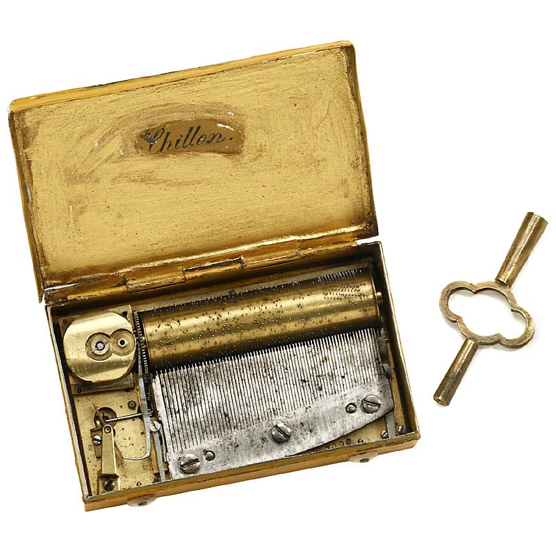 Musical Tin Snuff Box, c. 1850: Musical Tin Snuff Box, c. 1850 No. 7095, playing 2 airs on comb of 70 teeth (complete), inscribed on comb base "Tyrolienne ..." and "Rany des Vains", in tin case with painted lid depicting Chillon Cas