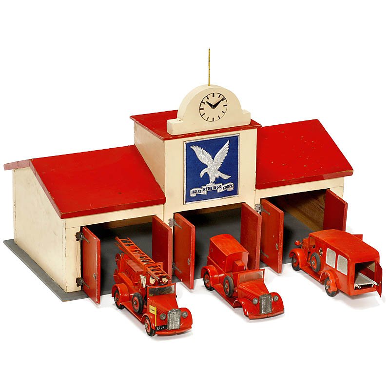 Fire Station Building with 3 Cars by "Tekno", c. 1: Fire Station Building with 3 Cars by "Tekno", c. 1948 Manufactured by Tekno, Denmark, wooden building with 3 garages, size 19 x 10 x 11 1/2 in., 3 fire brigades (1 without front wheels), painted tin, 