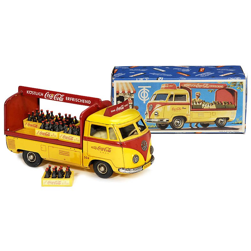 "TippCo" Coca-Cola VW Bus, c. 1960: "TippCo" Coca-Cola VW Bus, c. 1960 Lithographed tin, friction, with 6 crates with bottles (replicas), length 9 in. Replica box. Coca-Cola VW-Bus "TippCo", um 1960 Lithographiertes Blech, Friktionsantr