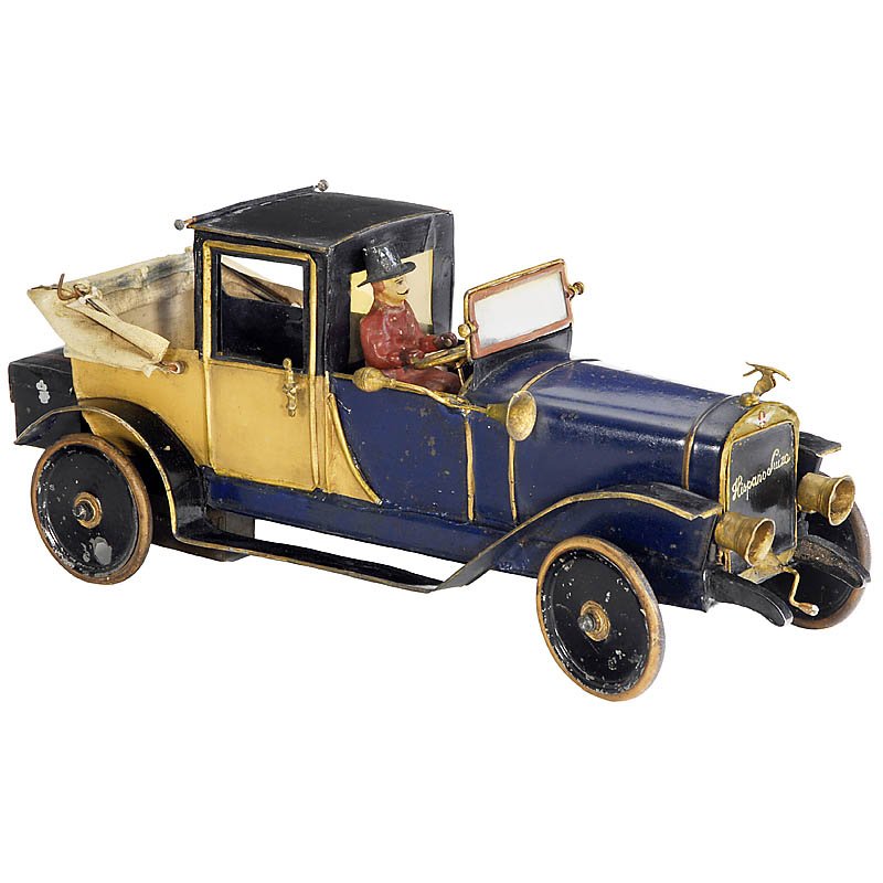 Large Landaulet "Hispano-Suiza Type H6", c. 1920: Large Landaulet "Hispano-Suiza Type H6", c. 1920 Manufactured by "Eugène Pinard, Paris, 22 Rue Charlot", clockwork motor (working), hand-painted tin, rubber tyres, directional front wheels, orientabl