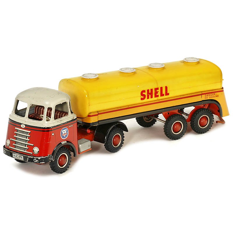 Large Shell Tank Truck by "Arnold", c. 1965: Large Shell Tank Truck by "Arnold", c. 1965 W. Germany, DAF semitrailer truck, lithographed tin and plastic, friction, length 16 in. Großer Shell-Tankwagen "Arnold", um 1965 DAF Sattelschlepper, lith