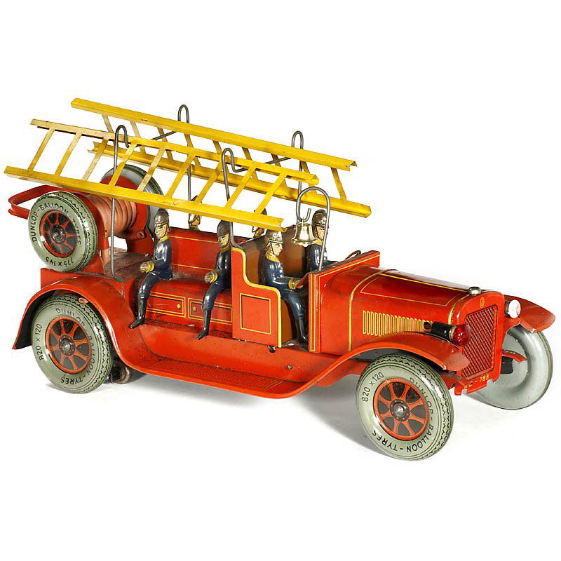 Fire Brigade Crew Wagon by "Karl Bub": Fire Brigade Crew Wagon by "Karl Bub" Signed: "KB-788", catalogue no. 1580/2B; lithographed tin, clockwork (working), with 2 electric head lamps and automatical wheel brake, length 15 3/4 in. (bell ad