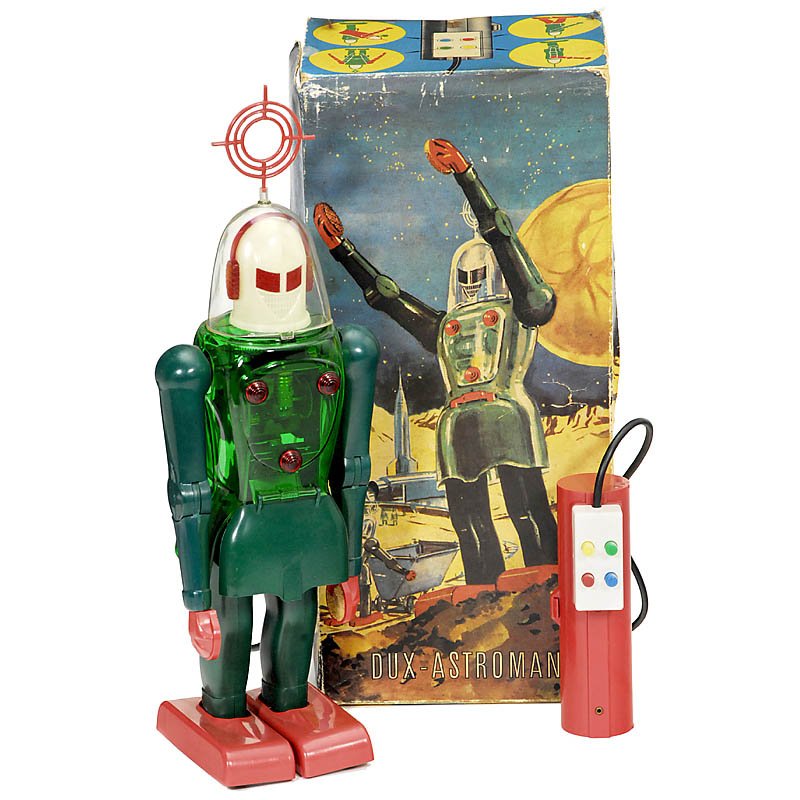 Dux-Astroman, c. 1965: Dux-Astroman, c. 1965 German toy robot, mixed materials, working but movements restricted, height 11 in., very good condition, original box with damages. Dux-Astroman, um 1965 Deutscher Spielzeug-Robo