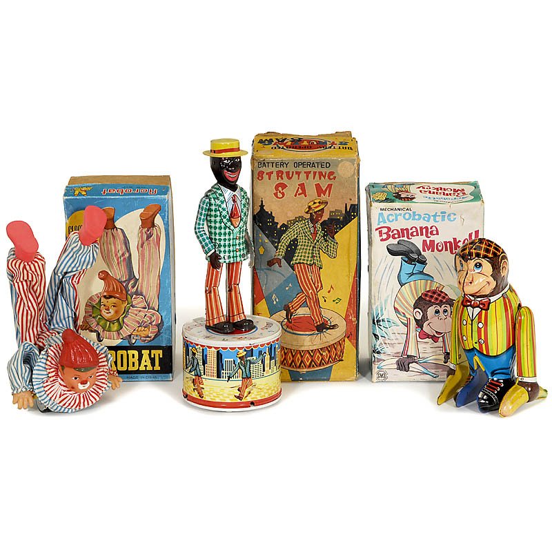 3 Boxed Mechanical Toys, from 1960: 3 Boxed Mechanical Toys, from 1960 1) "Strutting Sam", manufactured by "Haji Company, Japan", lithographed tin, battery-powered, height 10 5/8 in. - 2) "Mechanical Acrobatic Banana Monkey", manufactur