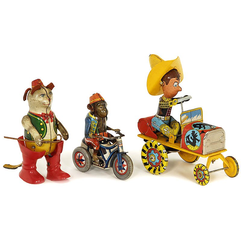 3 Lithographed Tin Toys, from 1960: 3 Lithographed Tin Toys, from 1960 1) "Puss in Boots" by Köhler, Germany, tin and plastic, height 5 in. - 2) "Bobby Monkey" by Arnold, Germany, height 4 in. - And: 3) "Rodeo Vehicle", Rico, Spain, he