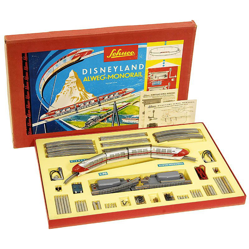 Schuco Disneyland Alweg-Monorail Set No. 6333S: Schuco Disneyland Alweg-Monorail Set No. 6333S Comprises 4-car train, 2 switches, 28 rails, 1 control panel, 2 signals, supports and further accessories. Complete, very good condition! Schuco Disneyla