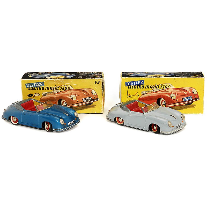 2 "Distler Porsche" Tin Toy Cars, c. 1955: 2 "Distler Porsche" Tin Toy Cars, c. 1955 Johann Distler, Nuremberg, Electro Matic 7500 model, battery-powered, length both 9 7/8 in., blue and gray, with 1 reproduction ignition key and boxes, untest