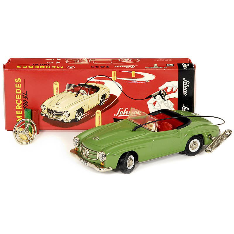Mercedes 190 SL by Schuco, No. 2095, c. 1965: Mercedes 190 SL by Schuco, No. 2095, c. 1965 W-Germany, tin, clockwork (working), length 8 3/4 in., original box, with manual and all accessories except the windscreen in nearly new condition. Mercede