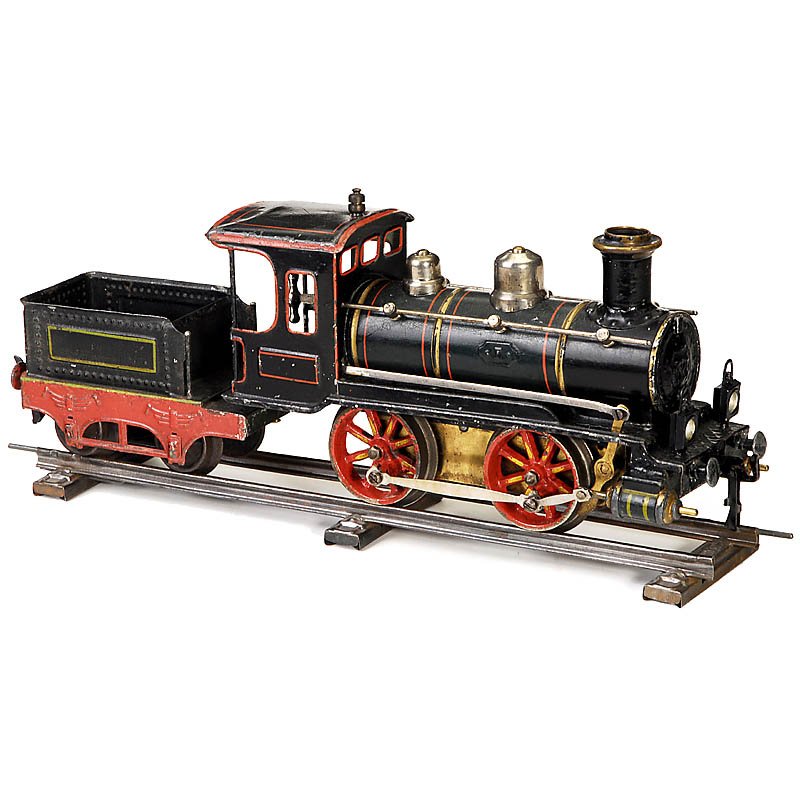Steam Locomotive "Märklin" R 1021 Gauge 1, c. 1905: Steam Locomotive "Märklin" R 1021 Gauge 1, c. 1905 Steam locomotive with tender, clockwork (working), fine hand-japanned tin (including spoke wheels), 2 imitated front lamps, reversible, length 14 1/