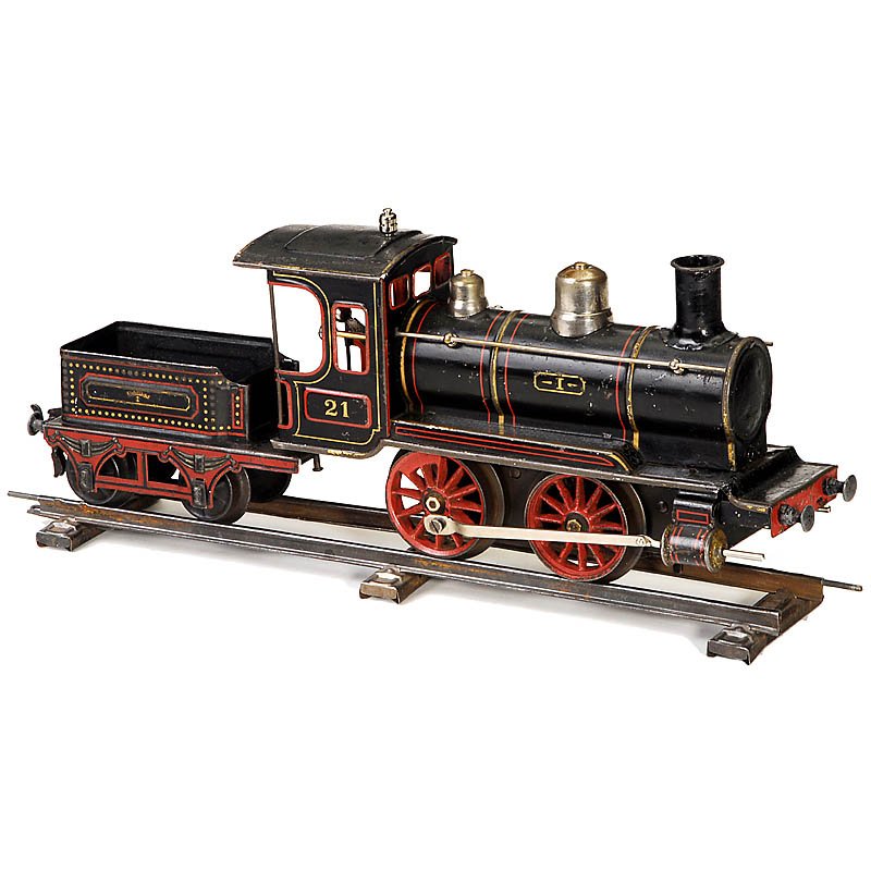 Steam Locomotive "Märklin" B 1031 Gauge I, c. 1908: Steam Locomotive "Märklin" B 1031 Gauge I, c. 1908 Steam locomotive with tender, clockwork (working), lithographed tin, reversible, length 15 in., good original condition with traces of use. - One of