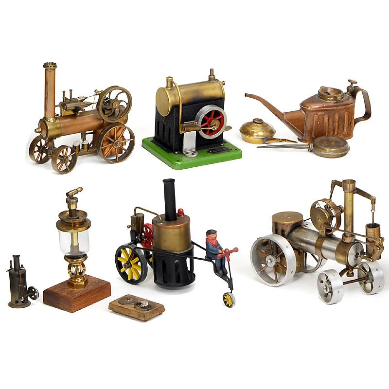 Lot Steam Engines and Accessories: Lot Steam Engines and Accessories 1) Steam traction engine "Mücke", brass, 2 oscillating cylinders, length 5 in. - 2) 3-wheel steam car with driver figure, length 7 4/5 in. - 3) Horizontal steam engi