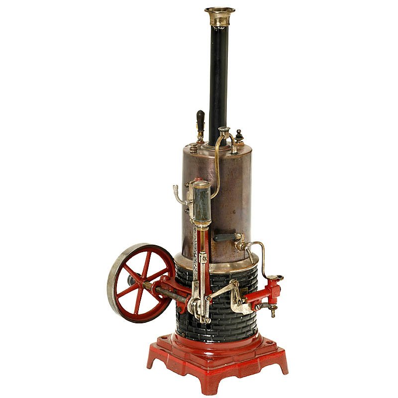 Vertical Steam Engine "Bing Imperial", c. 1910: Vertical Steam Engine "Bing Imperial", c. 1910 No. 8552/2, with feed pump, flywheel Ø 3 1/4 in., size: 6 x 4 3/4 x 14 1/2 in., complete with all fittings and burner. Stehende Dampfmaschine "Bing Impe