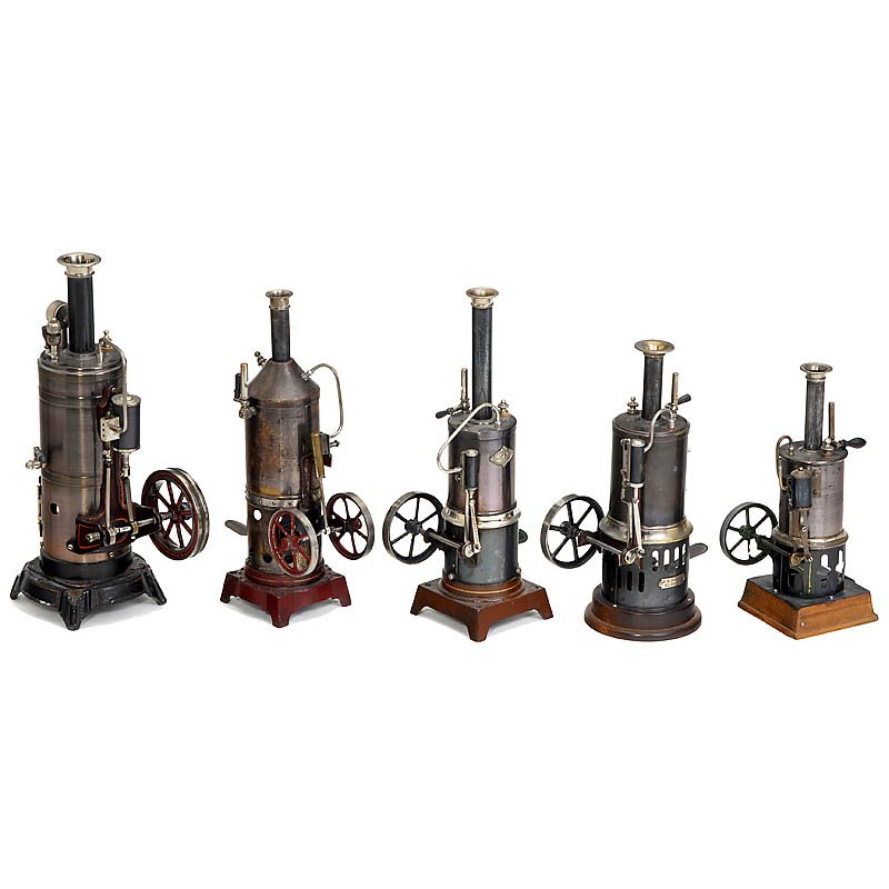 5 Vertical Steam Engines, from 1910: 5 Vertical Steam Engines, from 1910 1) "Falk no. 474/1", height 11 3/4 in. - 2) "Carette no. 688/2", height 11 in. - 3) "Doll no. 325/2", height 10 5/8 in. - 4) "Bing no. 9011/2", height 9 1/2 in. - A