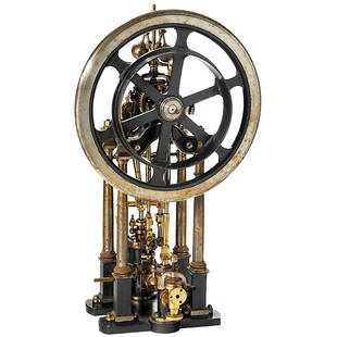 Large Model of a Single-Cylinder Steam Engine, c.: Large Model of a Single-Cylinder Steam Engine, c. 1850 Brass, iron and steel, 4-pillar model, double-action cylinder, with 2 water taps, slide valve control, strong feed pump, working governor and fly