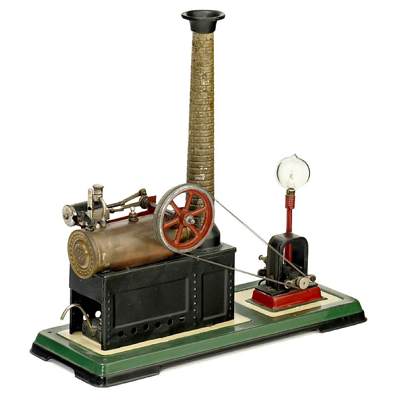 Stationary Steam Engine by Bing (10/116/1), 1925: Stationary Steam Engine by Bing (10/116/1), 1925 "Bing Werke", Nuremberg, with dynamo and lamp, flywheel Ø 2 1/2 in., overall size: 12 1/2 x 4 3/4 x 12 1/2 in., complete with all fittings and burner.