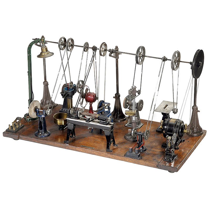Large Steam Toy Plant, c. 1925: Large Steam Toy Plant, c. 1925 Marked: "Association des Ouvriers en Instruments de Précision, Paris", comprising transmission, circular saw, 3 grinding machines, water pump, hack saw, hammer mill, pu