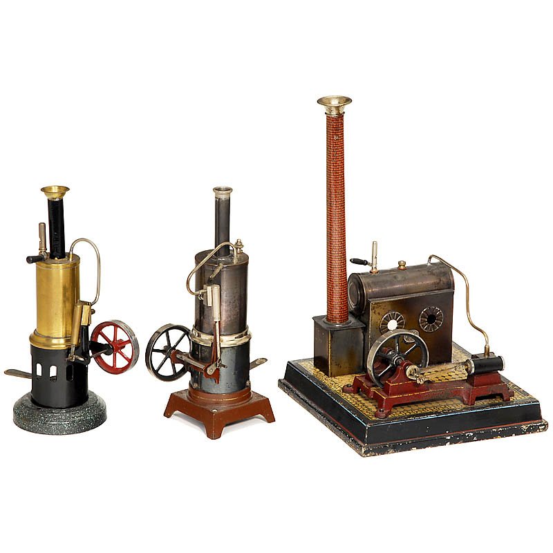 3 Steam Engines, from 1905: 3 Steam Engines, from 1905 1) "Carette no. 146/1", vertical, height 8 4/5 in. - 2) "Plank no. 425/4", horizontal, model "Vulkan", size 7 1/2 x 7 1/2 x 11 3/4 in. - And: 3) "Bing", vertical, height 7 4