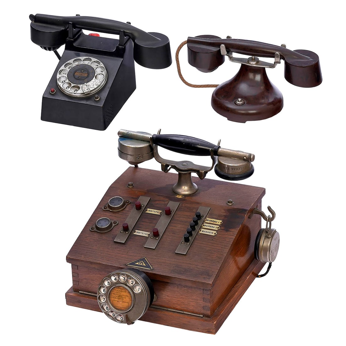 3 Interesting Telephones: 3 Interesting Telephones 1) Fuld desk telephone, Telefonbau und Normalzeit GmbH (T&N), Frankfurt model, 1933, serial no. 78208, black-lacquered brass case, bakelite handset, a beautifully designed Bau