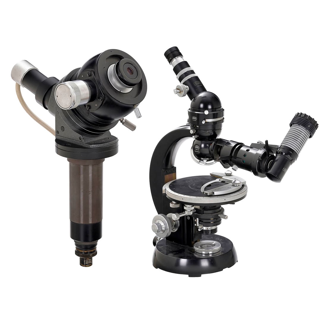 Zeiss-Winkel Standard GFL Polarising Microscope, c. 1955: Zeiss-Winkel Standard GFL Polarising Microscope, c. 1955 Oberkochen, tube with inclined view, revolver for 4 objectives, large round ball-bearing-mounted cross table, condenser, iris diaphragm, circul