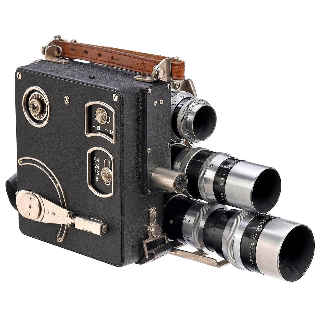 Siemens D 16 mm Film Cameras, c. 1937: Siemens D 16 mm Film Cameras, c. 1937 Siemens & Halske, Berlin. For 16mm film in the original Siemens cassette, 8-64 fps spring-drive and quick-change lens slide with three Meyer-Görlitz lenses i