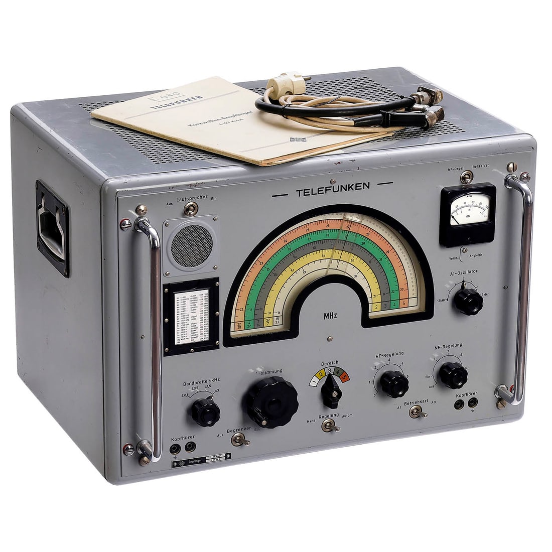 Telefunken E127/Kw/4 Shortwave Receiver, c. 1954: Telefunken E127/Kw/4 Shortwave Receiver, c. 1954 Telefunken Deutschland TFK. 8 tubes, 1.5-30.1 MHz in five frequency ranges, 110-240 volts AC, metal case as desktop receiver, used by authorities, mete