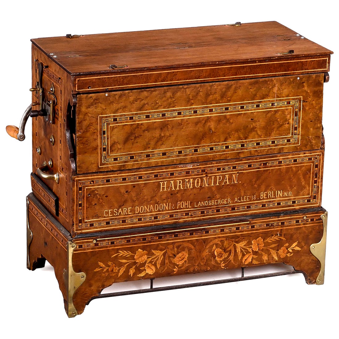 Early Street Barrel Organ by Cesare Donadoni & Pohl, c. 1885: Early Street Barrel Organ by Cesare Donadoni & Pohl, c. 1885 Harmonipan, reed organ, front with maker's legend "Cesare Donadoni & Pohl, Landsberger Allee 18, Berlin", with pinned wood barrel playing s
