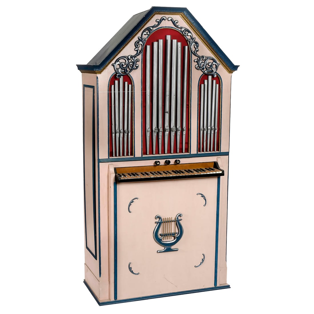 Austrian House Organ, c. 1950: Austrian House Organ, c. 1950 Unmarked, with 54 keys, 3 stops, 12 wood pipes, 108 metal pipes, electric blower, varnished wood case and façade with dummy pipes, total dimensions 42 ½ x 33 1/