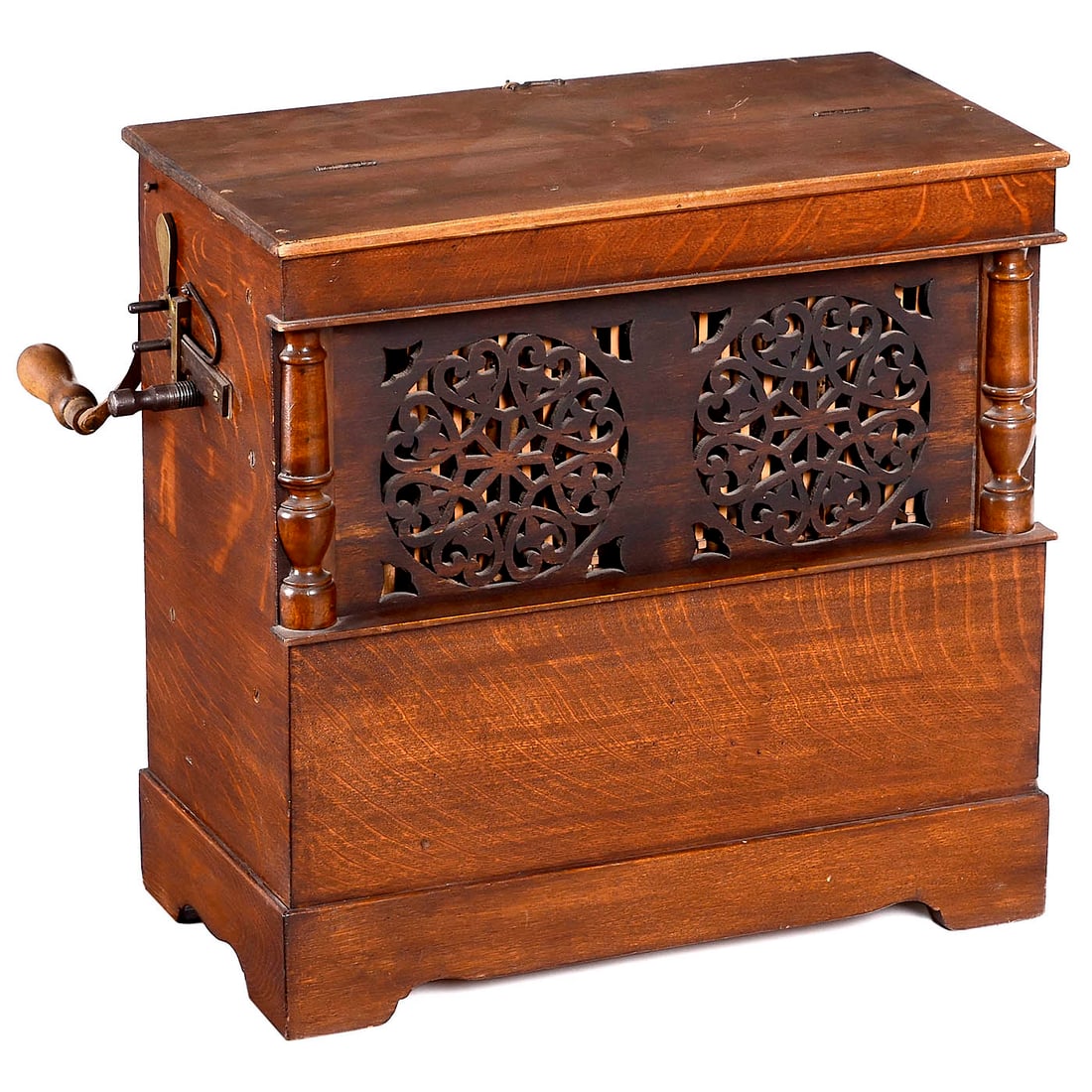 Meloton Street Barrel Organ, c. 1890: Meloton Street Barrel Organ, c. 1890 Unmarked, reed organ, with pinned wood barrel playing seven airs, 26 keys and fruitwood case, overall 19 1/3 x 10 1/5 x 18 ½ in., barrel 14 ½ in., l