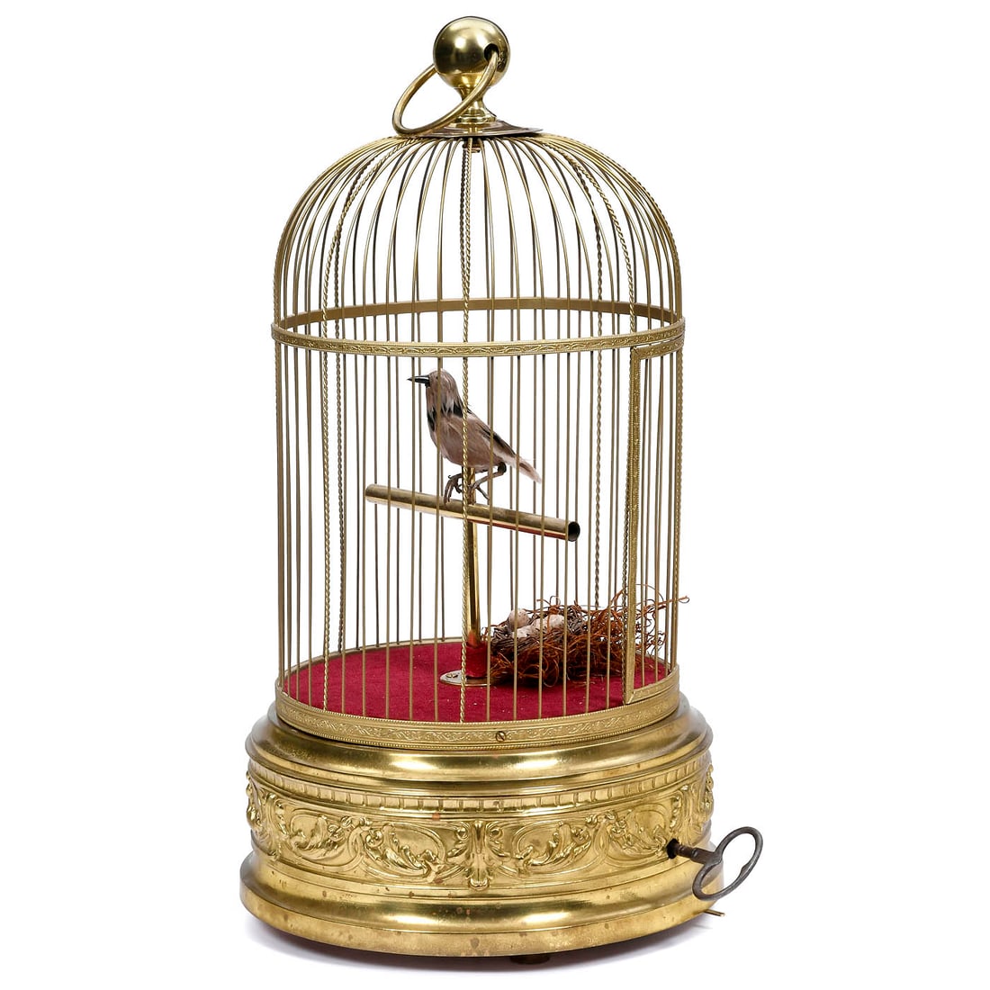 Singing Bird in Cage Automaton, 20th Century: Singing Bird in Cage Automaton, 20th Century Probably Bontems, with going-barrel movement, whistle and bellows controlling bird with articulated head, beak and tail, in domed brass case with repousse