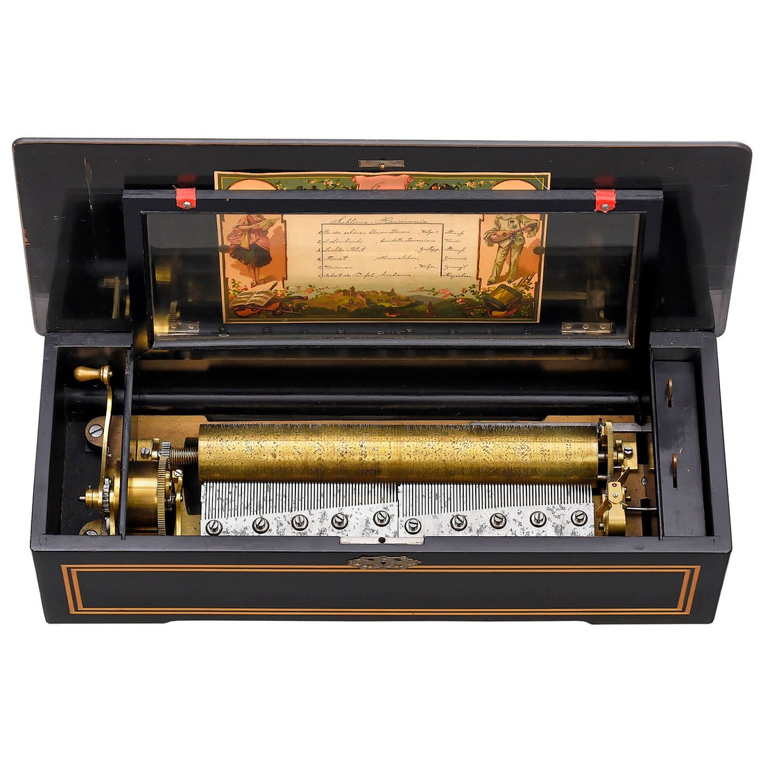 Sublime Harmony Musical Box by Charles Ullmann, c. 1890: Sublime Harmony Musical Box by Charles Ullmann, c. 1890 No. 4690, playing 6 airs, with total of 122 teeth in 2 combs (complete), lever-wound, ebonized case and inlaid rosewood-veneered lid, original t