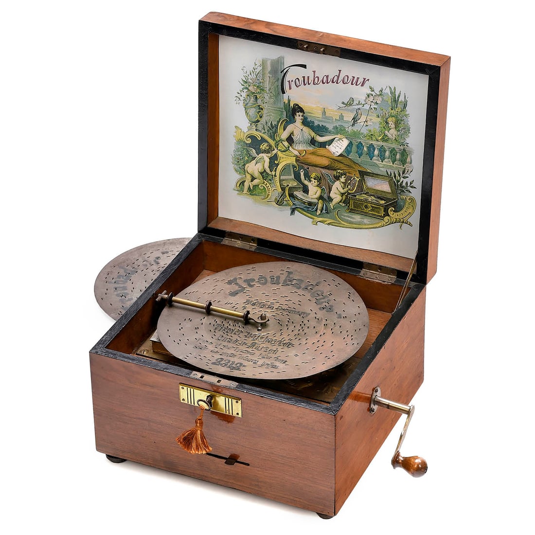 Troubadour Disc Musical Box with Bells, c. 1900: Troubadour Disc Musical Box with Bells, c. 1900 Troubadour Musikwerke B. Grosz & Co., Leipzig. Model 44, for 8 7/8 -inch discs, 44 teeth in steel comb (complete), 4 optional saucer bells, with spring-