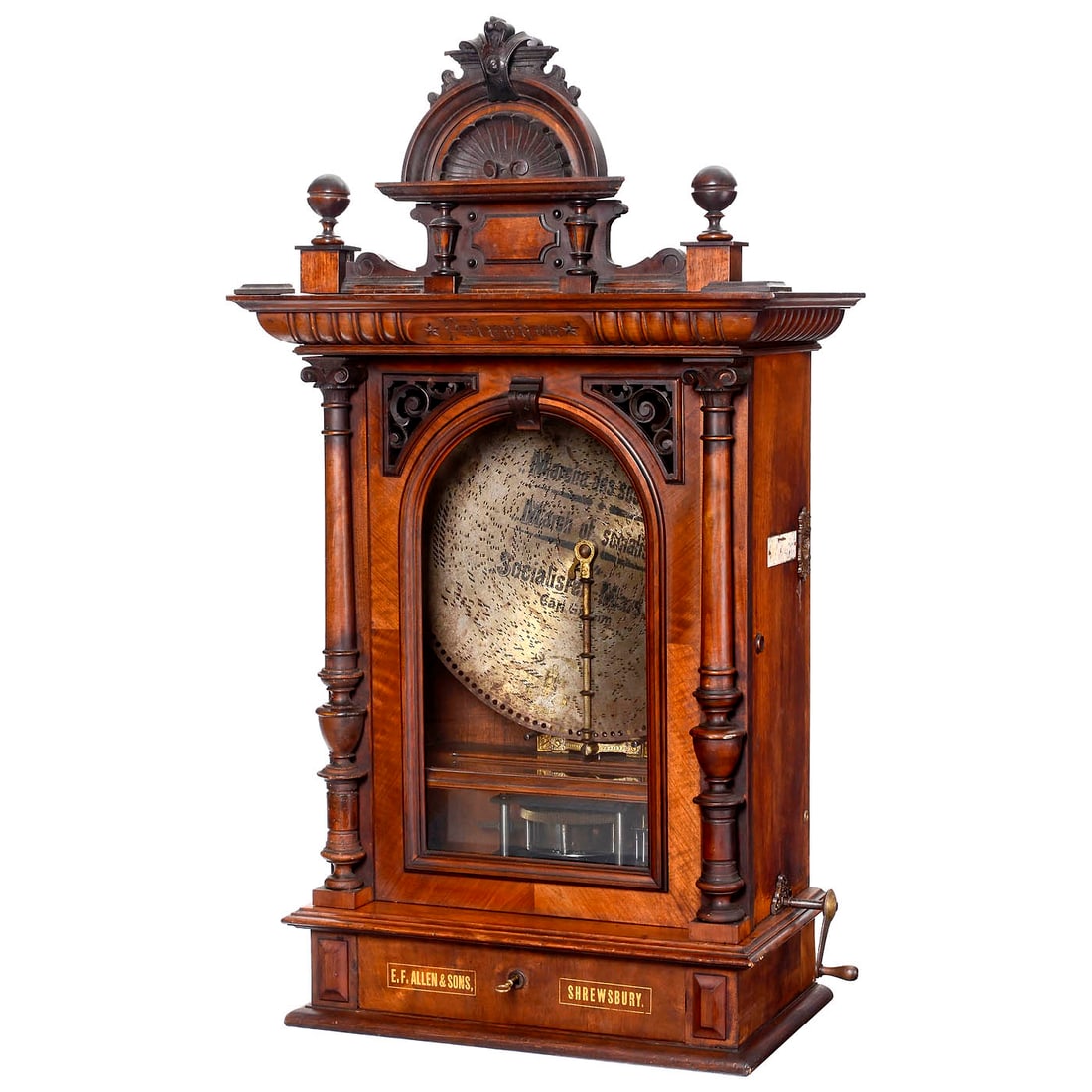 Polyphon Style 104 Coin-Activated Disc Musical Box, c. 1899: Polyphon Style 104 Coin-Activated Disc Musical Box, c. 1899 Polyphon Musikwerke, Leipzig. For 19 5/8-inch discs, two coin slots for old English Pennies, 118 teeth in duplex comb (complete), walnut cas