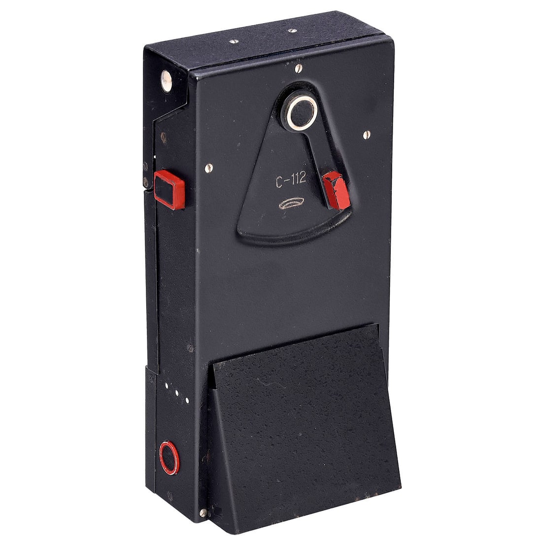 S-112 Spy Camera, 1980 onwards: S-112 Spy Camera, 1980 onwards BelOMO, Minsk. No. 80372, for 21mm film for copying passports, signatures or documents in the format 67 x 52 mm, with built-in light source of 4 original bulbs with a bl