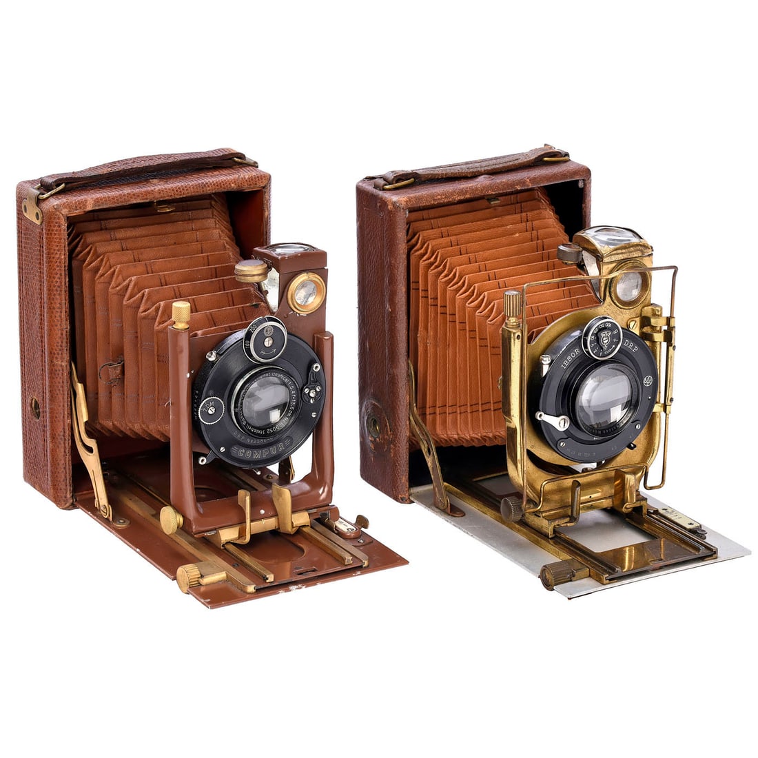 Tropical and Luxury Cameras 9 x 12 cm, c. 1910: Tropical and Luxury Cameras 9 x 12 cm, c. 1910 1) Thowe-Kamera-Werk, Freital, Germany. "Thowe", deluxe leather-covered body with brass fittings, brown-painted fittings, brown bellows, Steinheil Unofoc