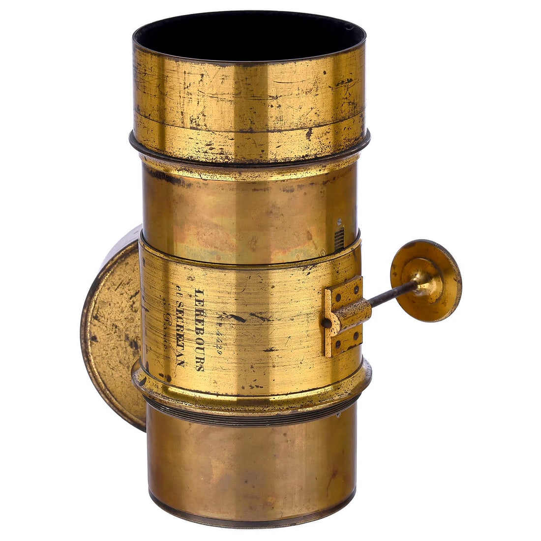 Lerebours 4/33 cm Petzval-Type Lens, c. 1853: Lerebours 4/33 cm Petzval-Type Lens, c. 1853 Lerebours et Secretan, Paris. No. 4429, diameter of front element 78 mm, without Waterhouse stop, with original brass cap, height with lens hood 20 cm, opt