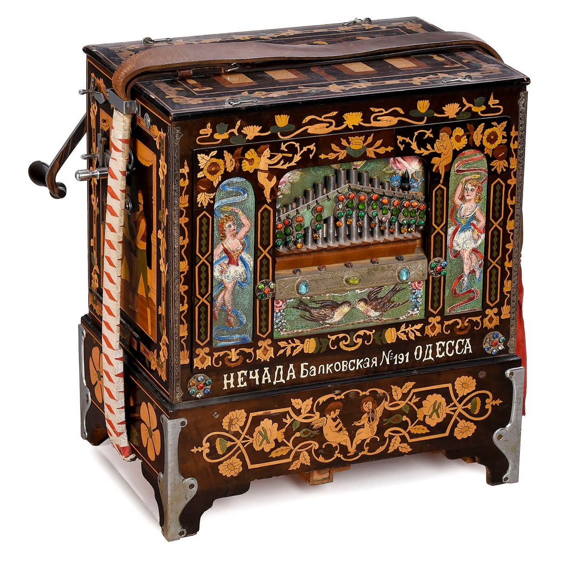 Ukrainian Barrel Organ, c. 1910: Ukrainian Barrel Organ, c. 1910 No. 2371, "Nechada, Balkovskaya No. 191, Odessa" (written in Cyrillic), with 26 keys, eight-air pinned wood barrel playing traditional Ukranian and Russian airs, four s
