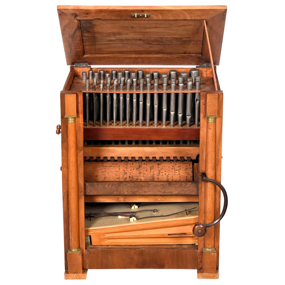 French Chamber Barrel Organ, c. 1820: French Chamber Barrel Organ, c. 1820 F.G. Dumont Facteur d'Orgues et de Serinettes à Mirecourt. With hand-turned mechanism, three pinned wood barrels, playing 10 melodies each, 16 notes, 48 metal