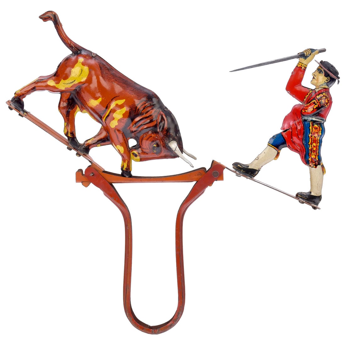 Einfalt Matador on Flexible Spring Toy, c. 1926: Einfalt Matador on Flexible Spring Toy, c. 1926 Gebrüder Einfalt Blechspielwarenfabrik, Nuremberg (later Technofix). Catalog no. 145, lithographed tin, works, height 8 ¼ in. Stierkämpfe