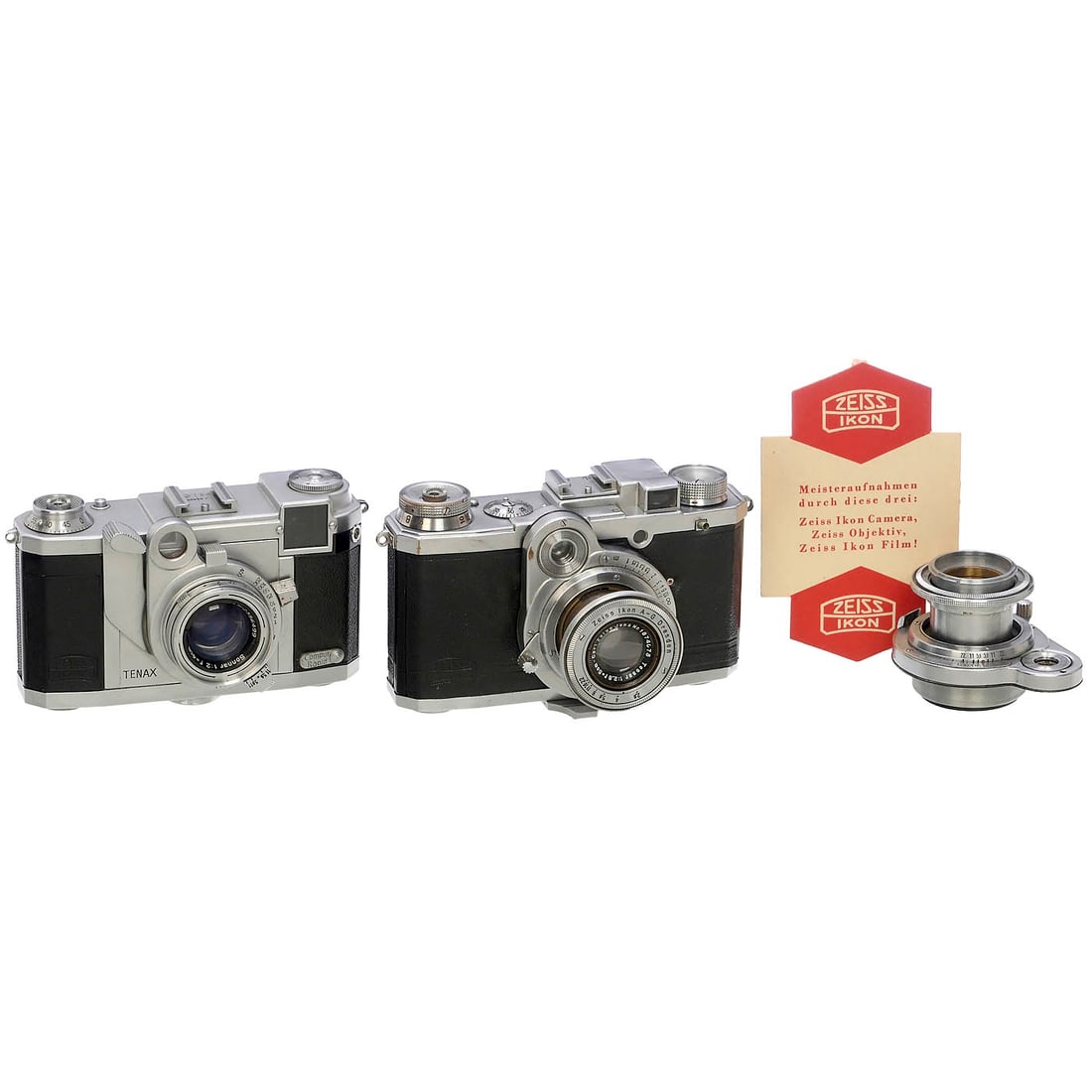 Tenax II and Nettax: Tenax II and Nettax Zeiss Ikon, Dresden. 1) Tenax II, no. J 89499, rangefinder correct, interchangeable Sonnar 2/4 cm, Compur Rapid working, in good condition. (3+/3) – 2) Nettax (538/24), no. B