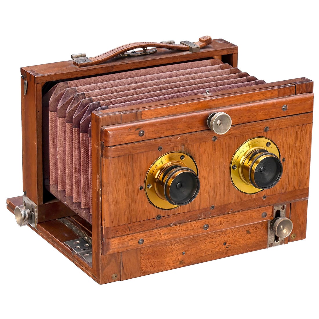 Stereo Wide-Angle Field Camera, c. 1885: Stereo Wide-Angle Field Camera, c. 1885 Germany. For 16.4 x 8 cm plates, walnut, nickel-plated fittings, brown linen bellows with leather corners, with 2 x "Steinheil Landschafts-Aplanat 5 mm" = 9/6 c