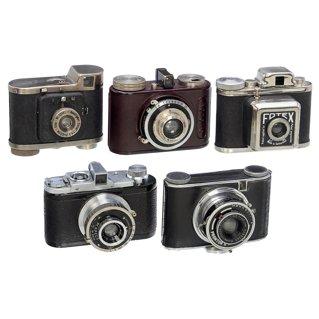Korelle K, Elca, Fotex, Retix and Puck: Korelle K, Elca, Fotex, Retix and Puck 1) Kochmann, Dresden. Korelle K, c. 1932, flawless dark-brown bakelite, 18 x 24 mm, Trioplan 2.8/3.5 cm, long shutter speeds lag. (3+/3) – 2) Elop, Flensbu