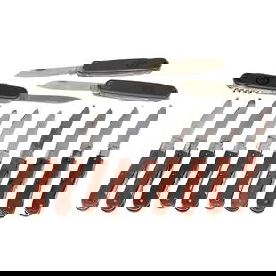 10 Old Swiss Army Knives with Fibre Handles: 10 Old Swiss Army Knives with Fibre Handles 1–3) Elsener, no. 25, 30 and 48. – 4) Victorinox, no. 50. – 5–8) Wenger, no. 38, 42, 45 and 48. – 9–10) Wengerinox, 2 x