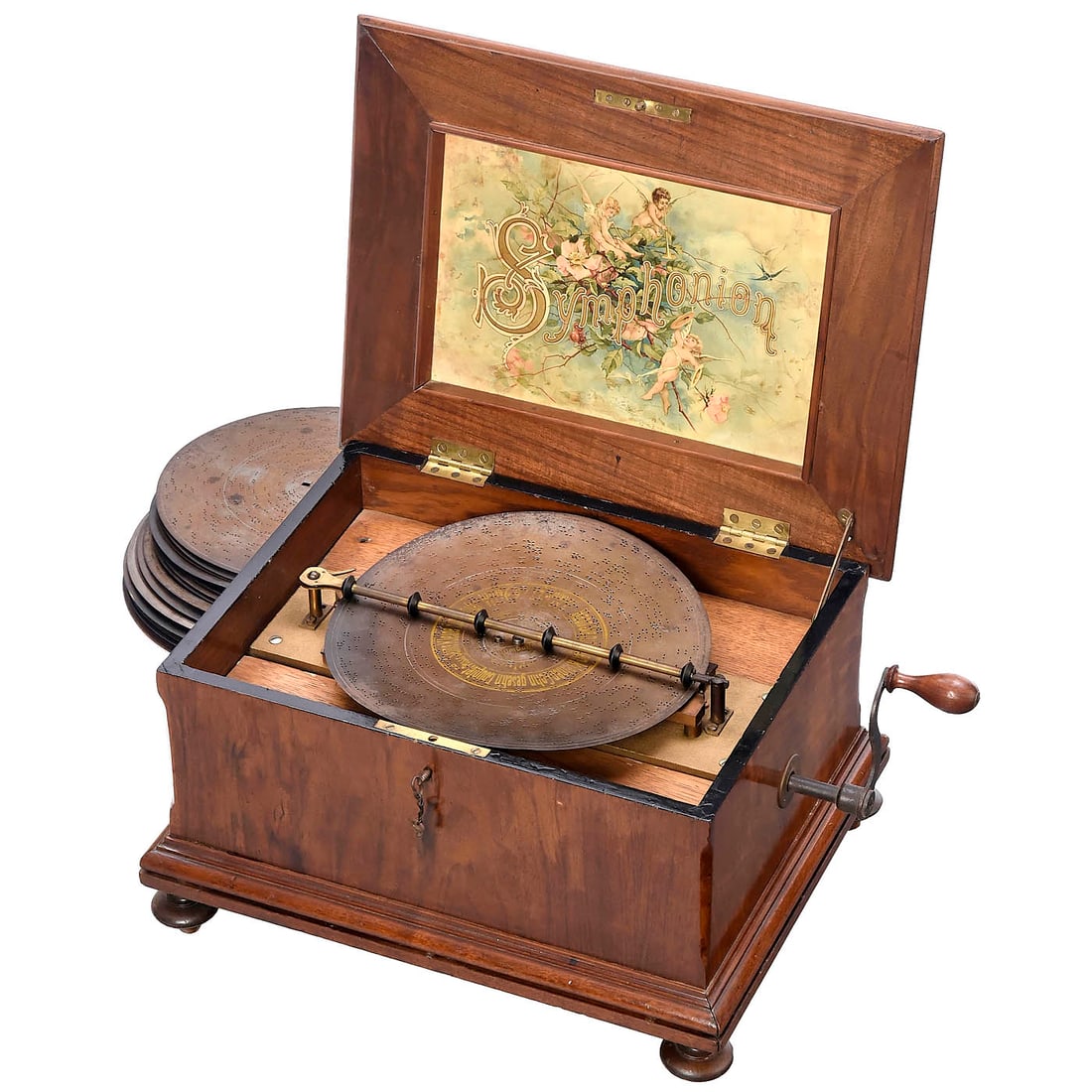Coin-Activated Symphonion "Lipsia" Disc Musical Box, c. 1900: Coin-Activated Symphonion "Lipsia" Disc Musical Box, c. 1900 Symphonion Musikwerke, Leipzig. For 10 5/8 in. discs, with 84 teeth in double comb (six broken), walnut cabinet with drawer, coin-slot on t
