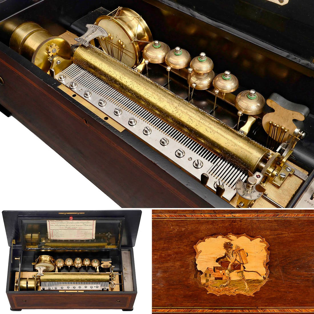 Orchestral "Tambour, Timbres, Castagnettes" Musical Box with Rare Lid Motif, c. 1875: Orchestral "Tambour, Timbres, Castagnettes" Musical Box with Rare Lid Motif, c. 1875 Playing ten airs including "The Blue Danube" by Johann Strauss and "Cancan" from the operetta "Orpheus in the Under