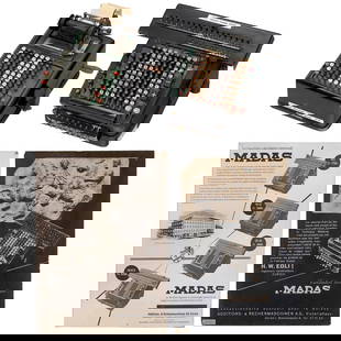 2 Calculating Machines and 2 Posters: 2 Calculating Machines and 2 Posters 1) Lanston Monotype "The Barrett", 1914, mechanical, lever drive, with printer, working. – 2) Madas Portable 20AZV, 1931, H.W. Egli A.G., Zurich, electric
