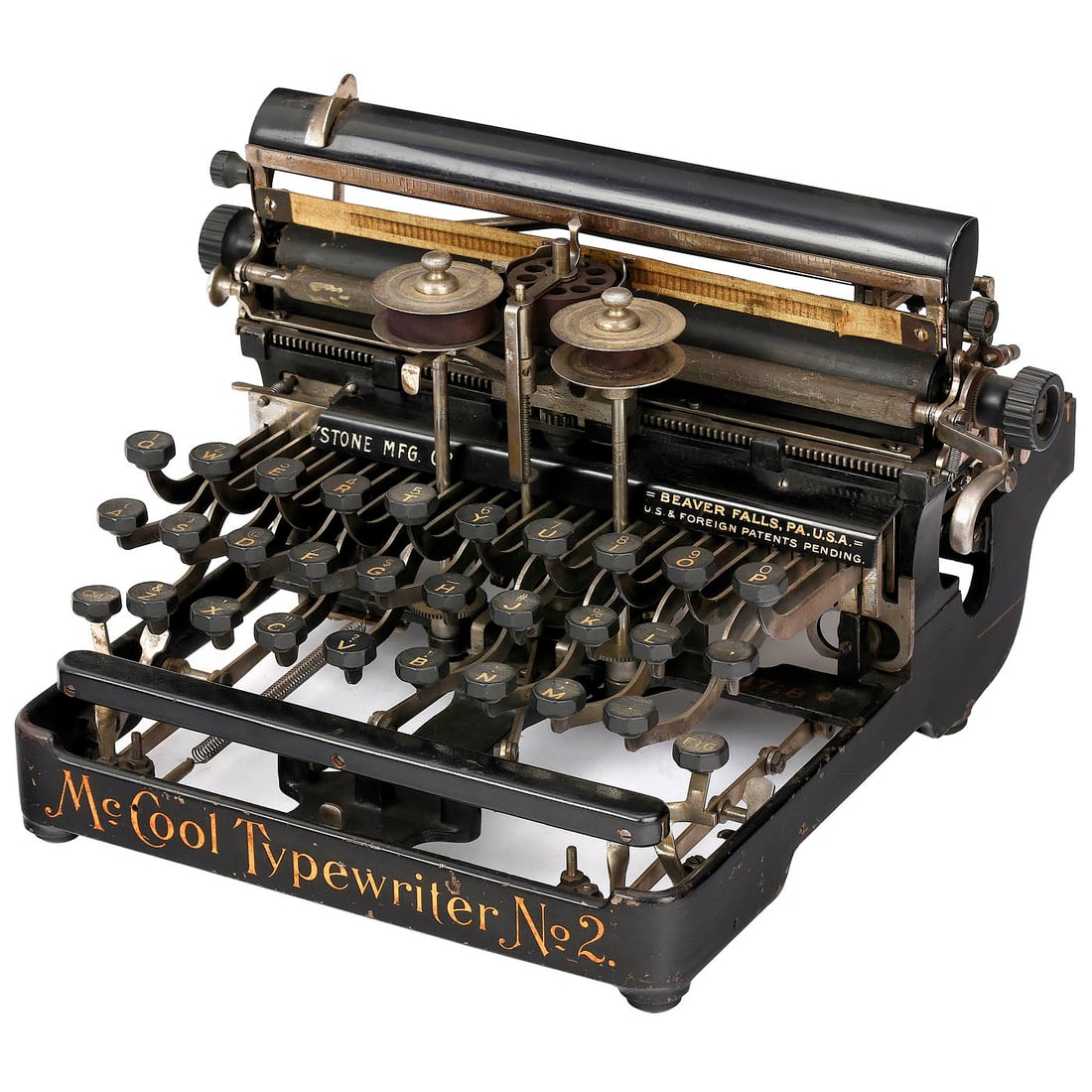 McCool Typewriter No. 2, 1909: McCool Typewriter No. 2, 1909 Manufactured by Acme-Keystone Mfg. Co. – Beaver Falls, PA. Extraordinarily rare American type-wheel machine with 3-row keyboard and double shift, serial no. 1718, w