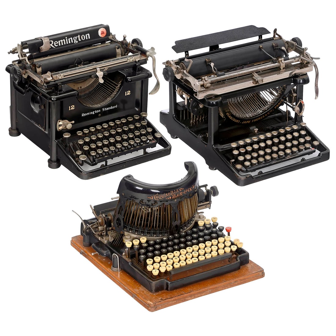 3 Mechanical Typewriters: 3 Mechanical Typewriters 1) Columbia Bar-Lock No. 12, copper, c. 1908, Columbia Typewriter Company, New York. Typebar machine with decorative typebar cover, carriage movement defective. – 2) Bea