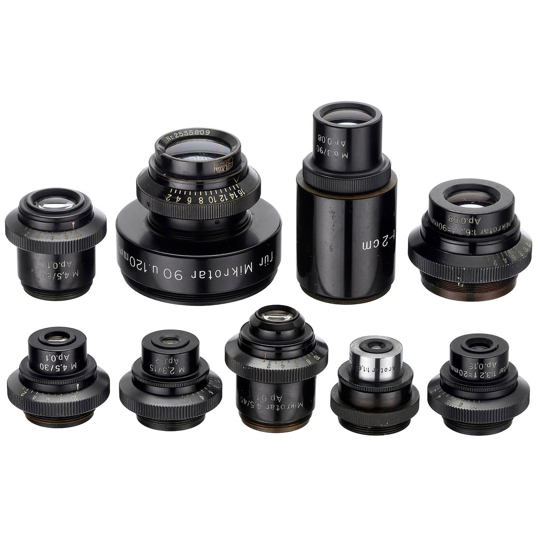 Mikrotar 1.5 to 12 cm with Iris Diaphragms by Zeiss: Mikrotar 1.5 to 12 cm with Iris Diaphragms by Zeiss Carl Zeiss Jena. Macro imaging systems: 1–7) Microtar 2.3/15 mm – 3.2/20 mm – 4.5/30 mm – 4.5/45 mm – 4.5/60 mm –
